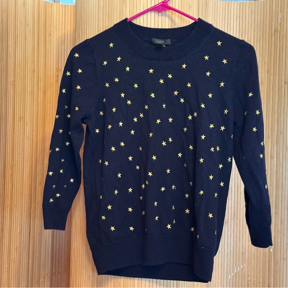 Vintage J. Crew Merino Wool Navy Sweater with Gold Stars - Shrunken Fit